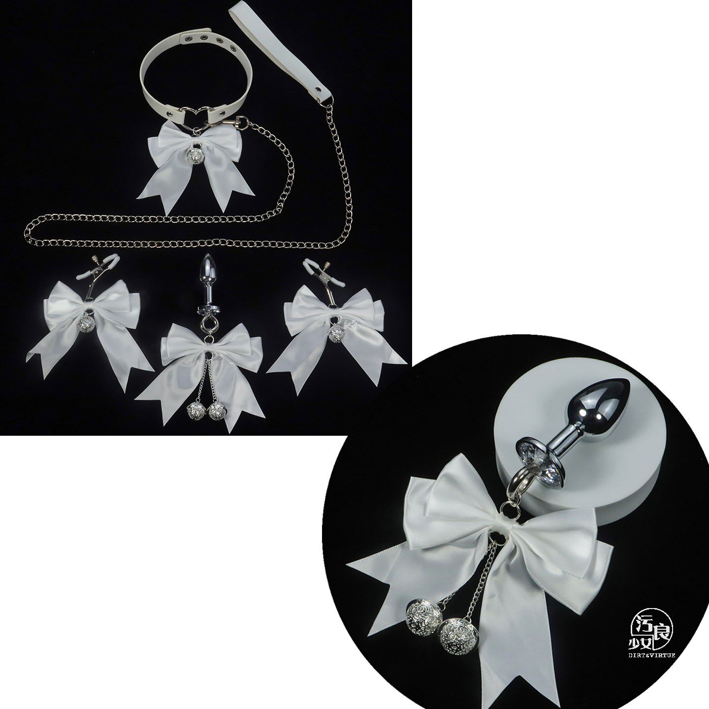 黑白色蝴蝶结爱心项圈铃铛牵引绳链条约会内衣配件性感胸夹饰挂件