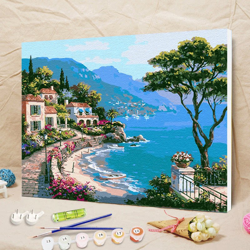 海景数字油画diy手工涂色手绘填充画丙烯填色海边风景山水油彩画