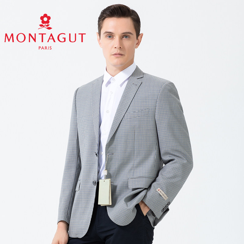 梦特娇[48%羊毛/专柜同款]格子西装男士春秋季商务休闲便西服外套