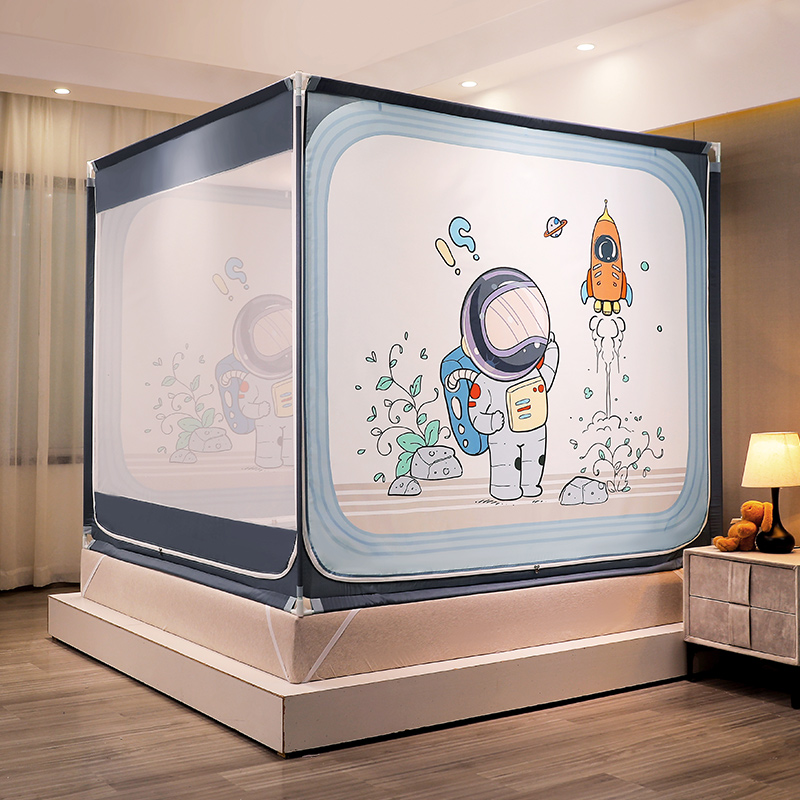 新款蚊帐家用卡通夏天小孩防摔儿童u型三开门拉链防坠床1.5纹帐