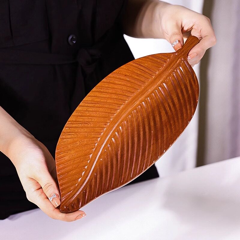 新中式乌檀木树叶盘茶点盘家用不规则实木托盘拍照道具商用拍摄