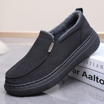 秋冬老北京布鞋休闲爸爸鞋一脚蹬厚底薄绒男鞋轻便软底懒人二棉鞋