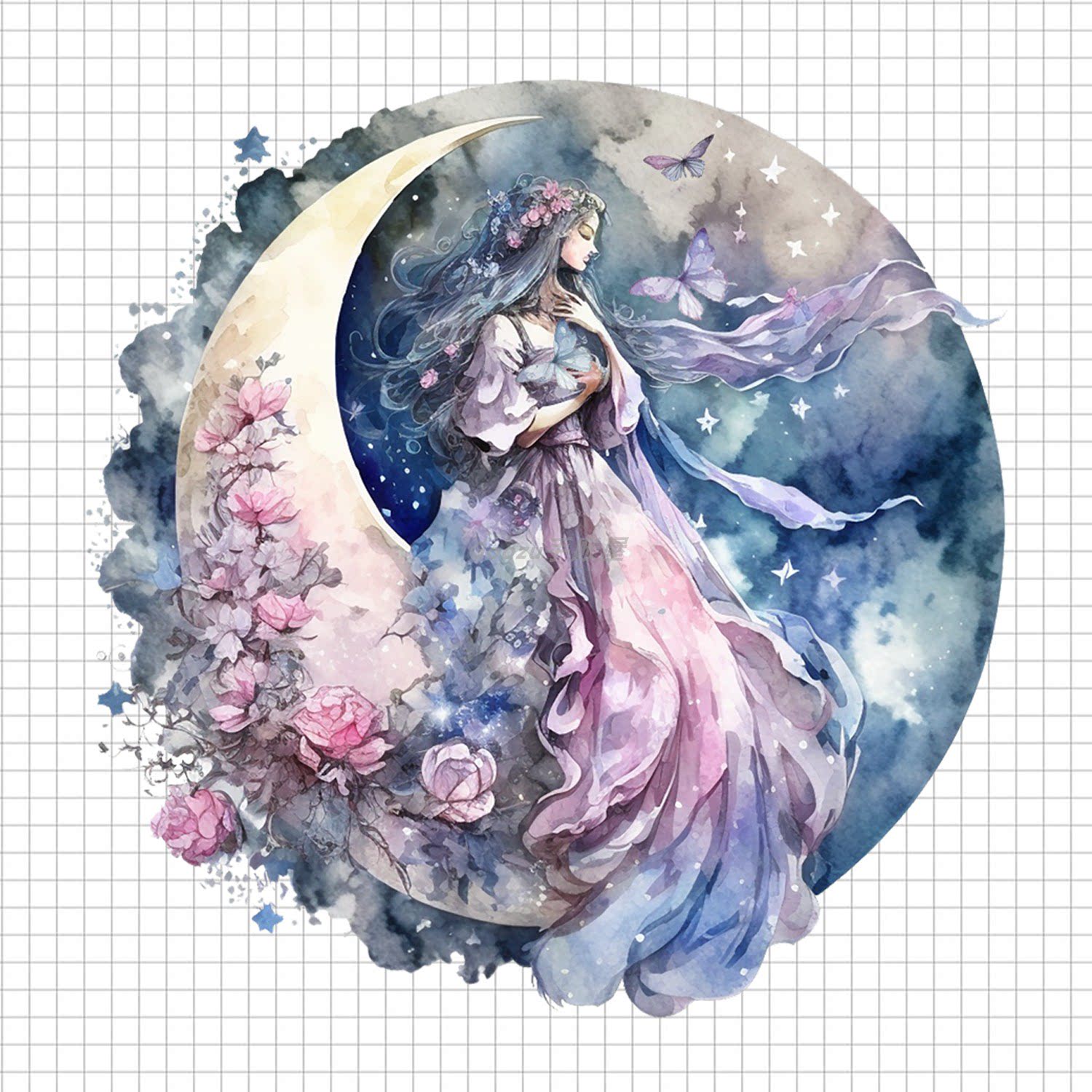 唯美月亮女神梦幻水彩防水pvc镭射手账贴纸大尺寸素材装饰包