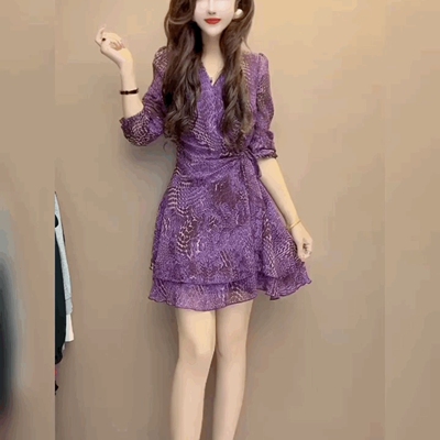 荷叶边系带轻奢花纱V领连衣裙女