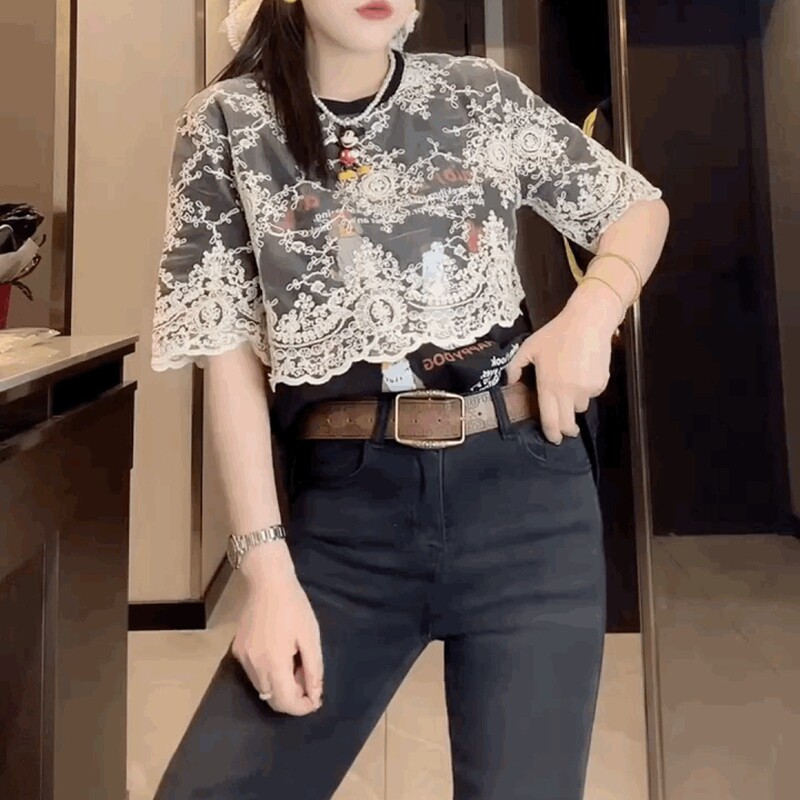 中长款法式蕾丝拼接短袖T恤打底衫女网红时尚慵懒风黑色圆领上衣