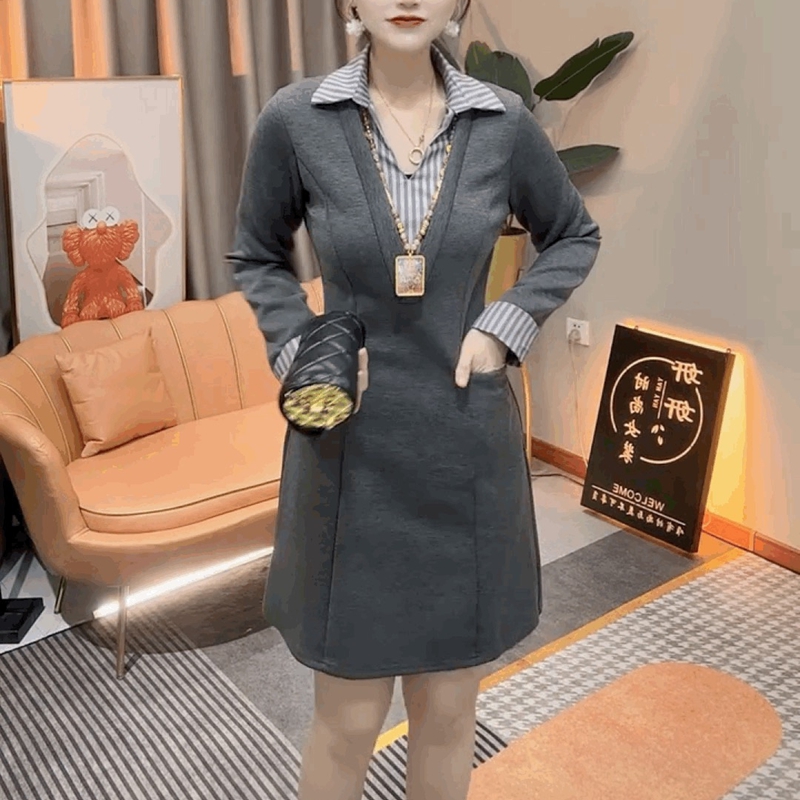 法式气质修身翻领连衣裙女V领拼接条纹衬衫裙假两件打底修身裙子