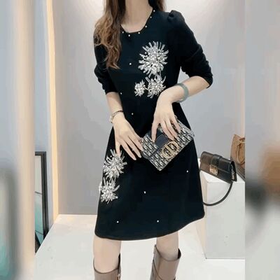 圆领A字礼服打底裙钉珠长袖裙子