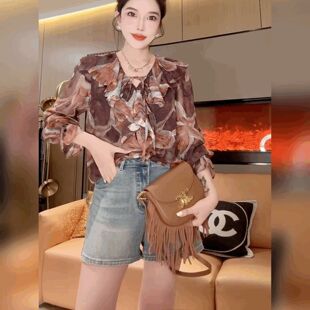 衬衫 复古碎花雪纺V领长袖 女 法式 小众独特显瘦宽松上衣荷叶边小衫