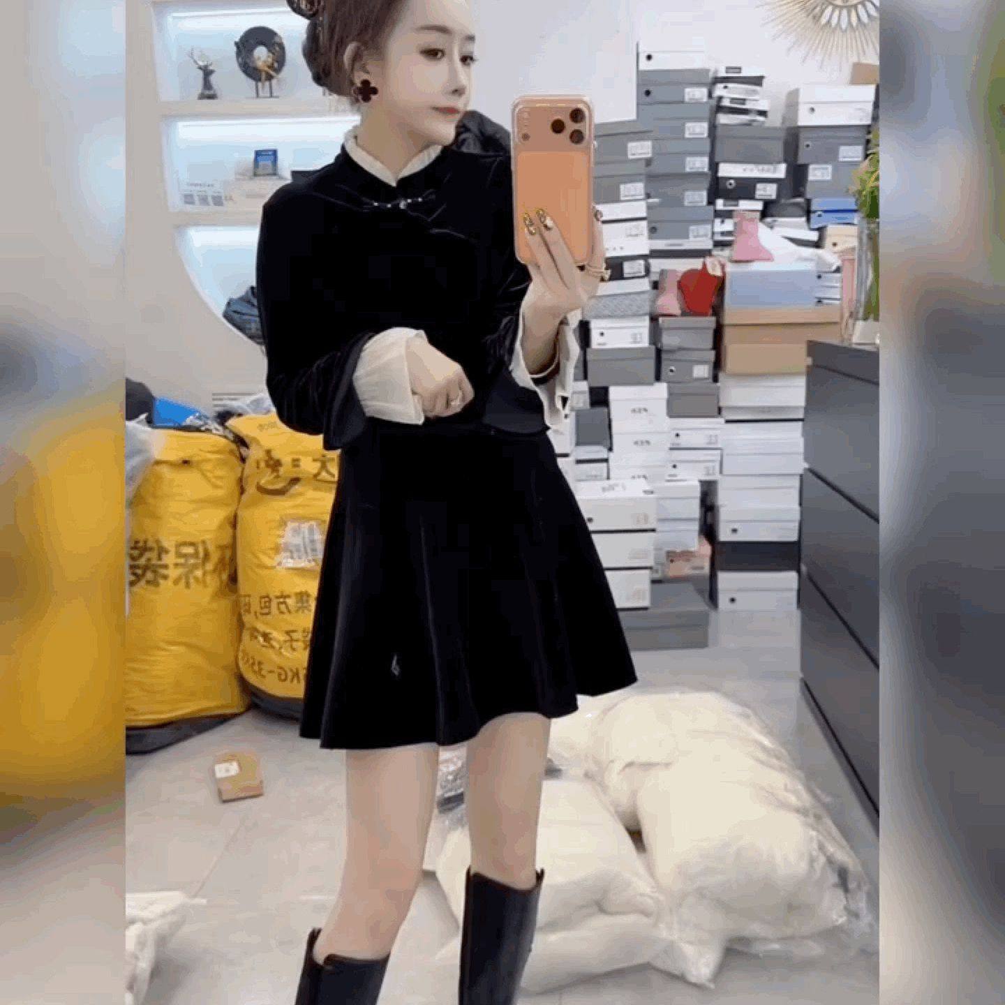 新中式盘扣雪纺拼丝绒T恤衬衫女修身喇叭袖打底衫法式黑色上衣潮