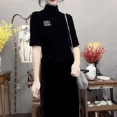 短袖 高领丝绒T恤衫 女秋冬女装 修身 黑色金丝绒百搭打底衫 简约上衣