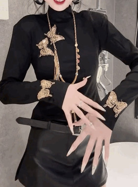 蝴蝶重工串珠修身T恤衫女