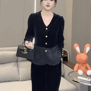 T恤衬衣 打底衫 丝绒拼接醋酸雪纺衬衫 女气质金丝绒黑色V领上衣开衫