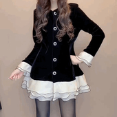 小香风名媛金丝绒连衣裙女气质高级感轻奢荷叶边裙子潮显瘦A字裙