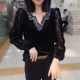 时尚 烫钻V领网纱蕾丝袖 修身 黑色金丝绒上衣女秋冬新款 T恤打底衫 潮