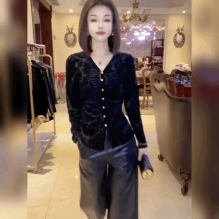 修身气质打底衫网纱植绒黑色法式上衣高级感v领蕾丝植绒T恤衬衫女