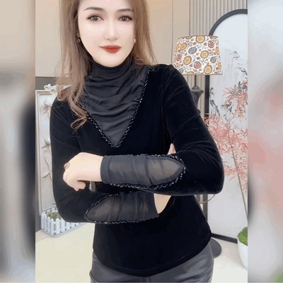 串珠洋气高领黑色上衣修身打底衫