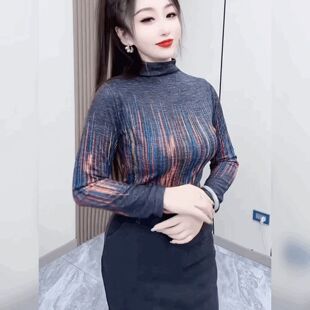 内搭高领竖条纹灰色上衣修身显示打底衫潮法式复古晕染T恤小衫女