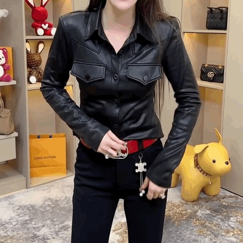 欧货PU皮气质翻领衬衫女长袖设计感小众POLO领黑色上衣显瘦PU皮衣