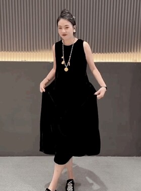 显瘦砍袖背心裙法式黑色过膝长裙