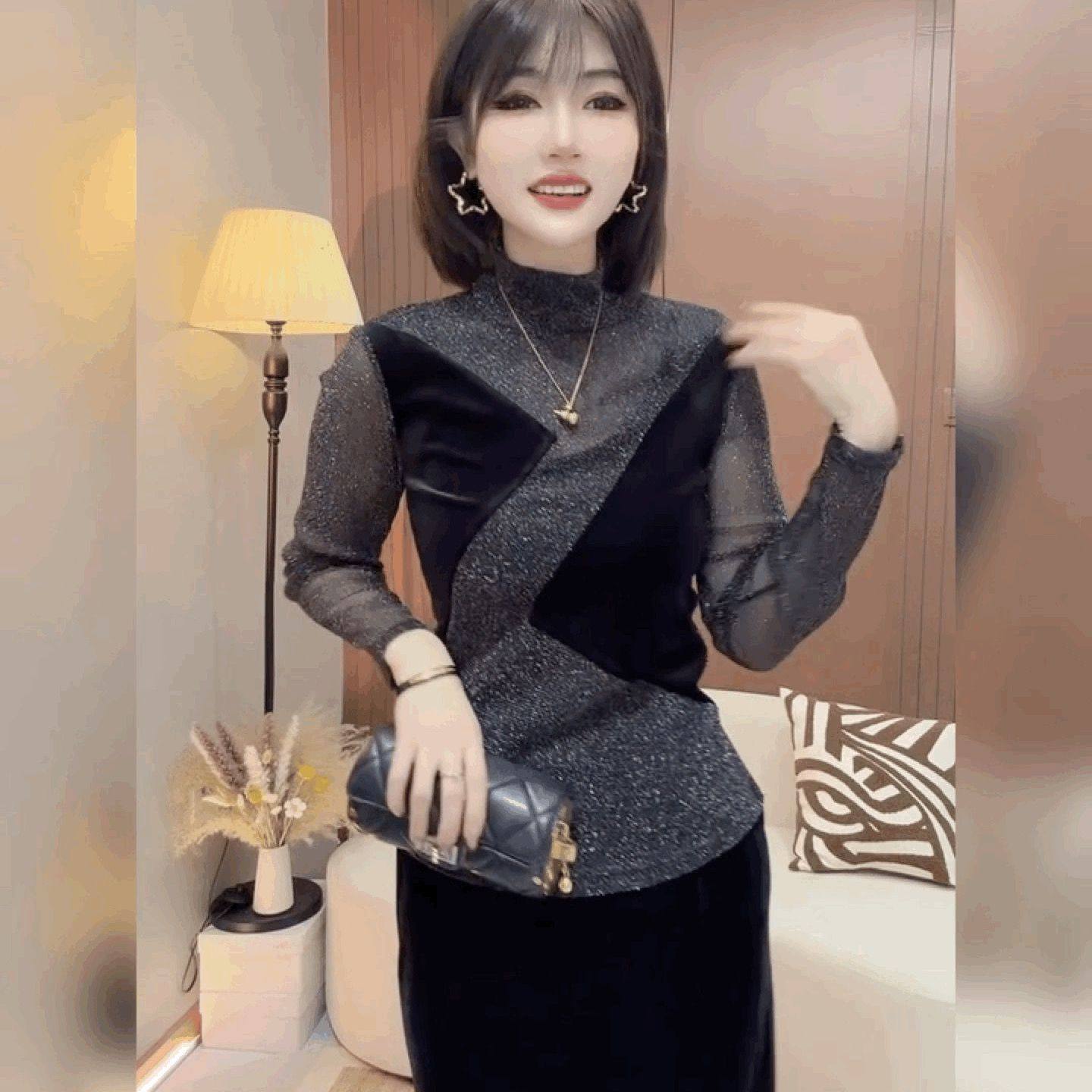 百搭设计感打底衫修身法式黑色高领上衣丝绒拼蕾丝网纱弹力T恤女,女装/女士精品,T恤,淘宝优惠券,粉丝福利购,淘宝优惠卷