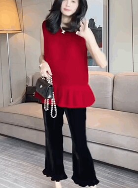 冰丝绒荷叶边宽松T恤背心女