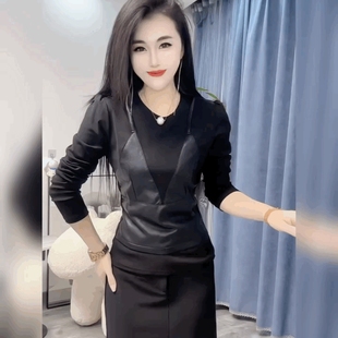 上衣长袖 黑色圆领法式 PU皮拼接吊带t恤女 打底衫 高级感假两件修身