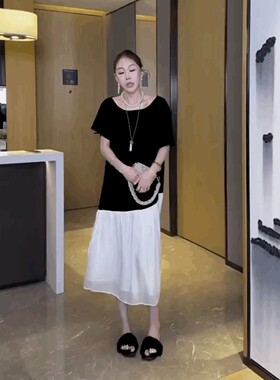 撞色过膝赫本风轻奢慵懒风裙子