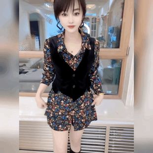修身显瘦百搭打底衫潮中长款法式上衣假两件碎花雪纺拼丝绒衬衫女