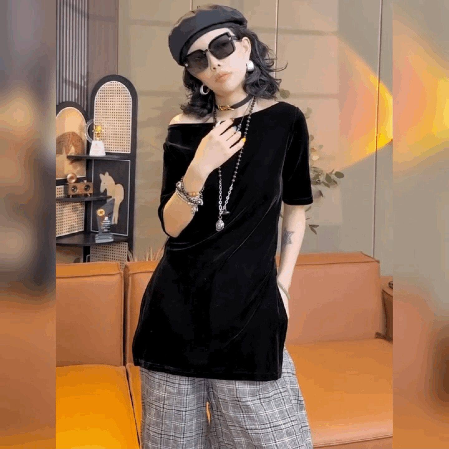 丝绒短袖中长款T恤女半袖法式黑色圆领遮臀上衣女修身显瘦打底衫