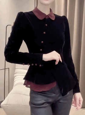 小香风翻领金丝绒T恤衬衫女时尚气质衬衣不规则底边丝绒黑色上衣