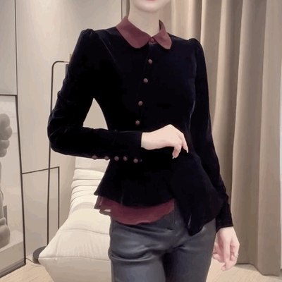 小香风翻领金丝绒T恤衬衫女