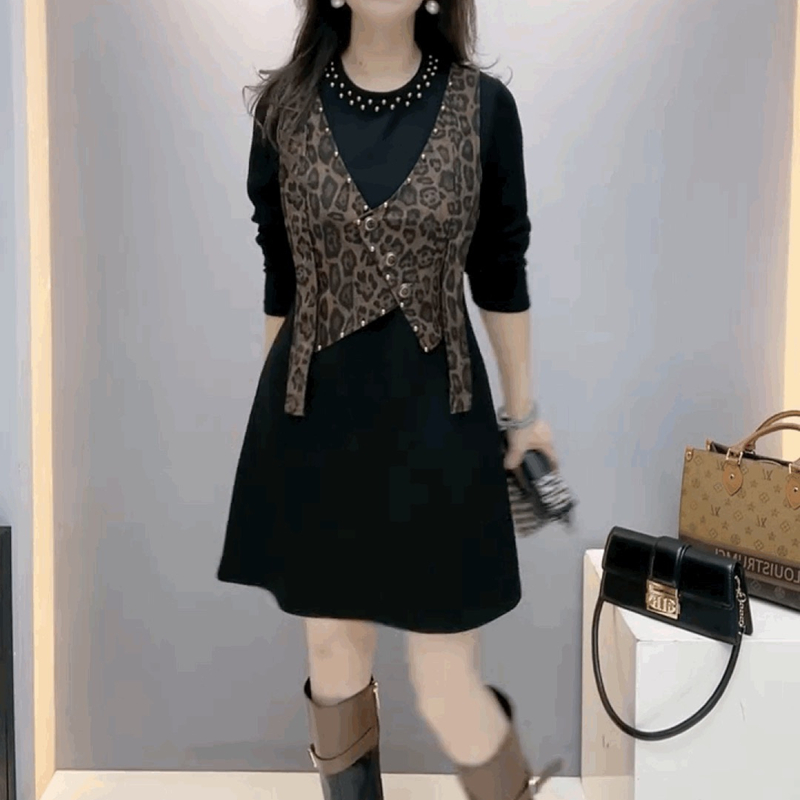 豹纹马甲拼接假两件连衣裙女