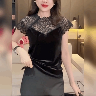 上衣潮 黑色圆领金丝绒法式 镂空蕾丝拼丝绒短袖 T恤女小性感打底衫
