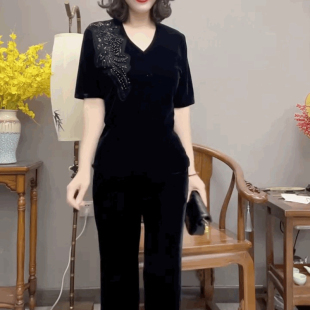 法式修身短袖丝绒V领T恤小衫女秋冬百搭打底衫金丝绒钉珠黑色上衣