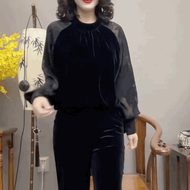 灯笼袖金丝绒拼雪纺T恤衫女时尚圆领黑色丝绒上衣收腰显瘦打底衫