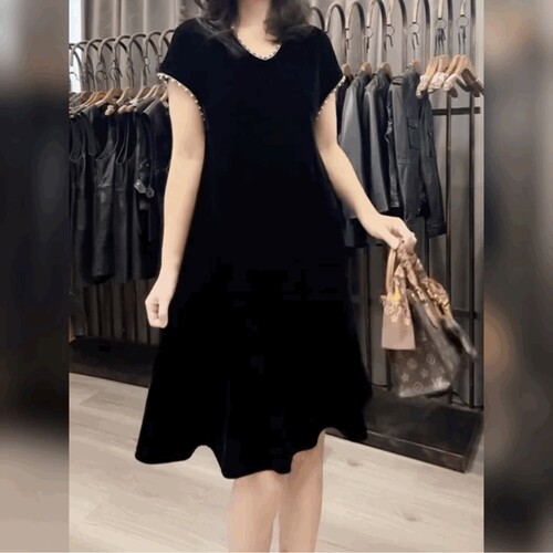 V领钉珠金丝绒短袖连衣裙女