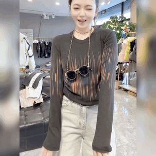 时尚复古晕染T恤衫女法式内搭圆领竖条纹灰色上衣洋气修身打底衫