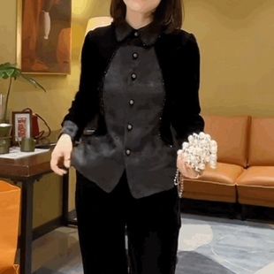 丝绒醋酸雪纺POLO领衬衫 T恤衬衣 金丝绒黑色上衣女缇花开衫 打底衫