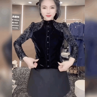 轻奢蕾丝植绒丝绒T恤衬衫女法式立领黑色上衣喇叭袖修身T恤打底衫