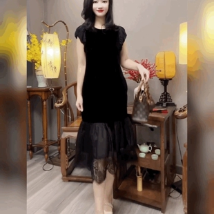 法式赫本风短袖金丝绒连衣裙女雪纺蕾丝拼接冰丝绒过膝小黑裙长裙