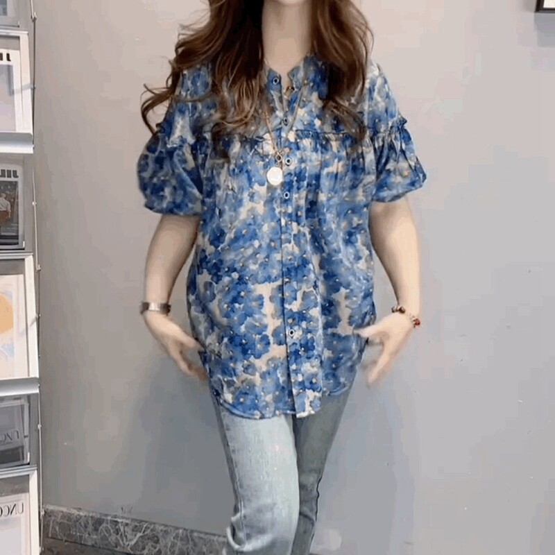 法式泡泡袖短袖碎花雪纺衬衫女轻熟小众花纱中长款上衣洋气减龄衫
