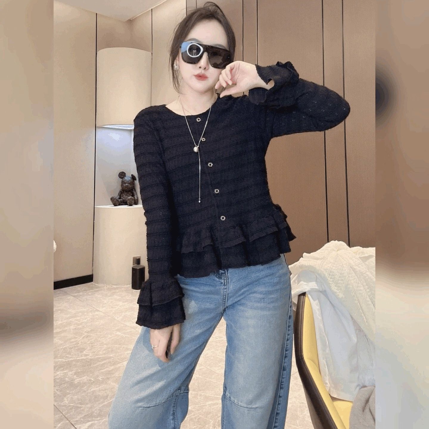 法式百褶黑色圆领上衣磨毛蕾丝镂空打底衫荷叶边喇叭袖T恤衬衫女,女装/女士精品,T恤,淘宝优惠券,粉丝福利购,淘宝优惠卷