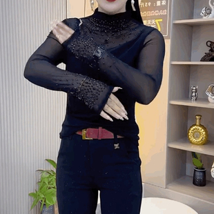 欧货蕾丝烫钻修身t恤女性感法式半高领长袖黑色上衣时尚打底小衫