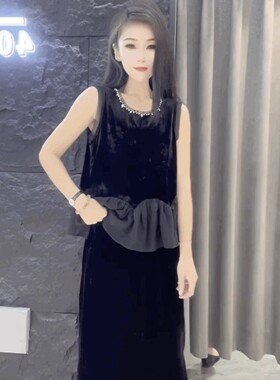 雪纺拼冰丝绒背心T恤衬衫女