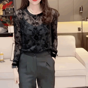 蕾丝植绒修身长袖T恤衫女网纱时尚打底衫百搭圆领黑色丝绒上衣潮