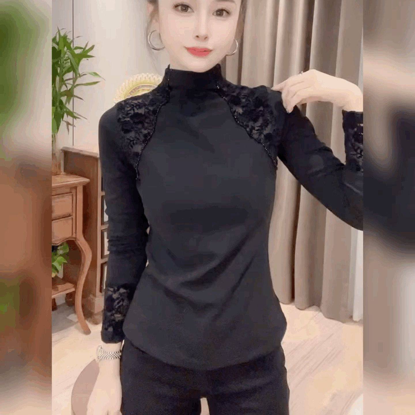 欧货时尚蕾丝拼接半高领内搭T恤高级感重工钉珠长袖洋气百搭上衣,女装/女士精品,T恤,淘宝优惠券,粉丝福利购,淘宝优惠卷