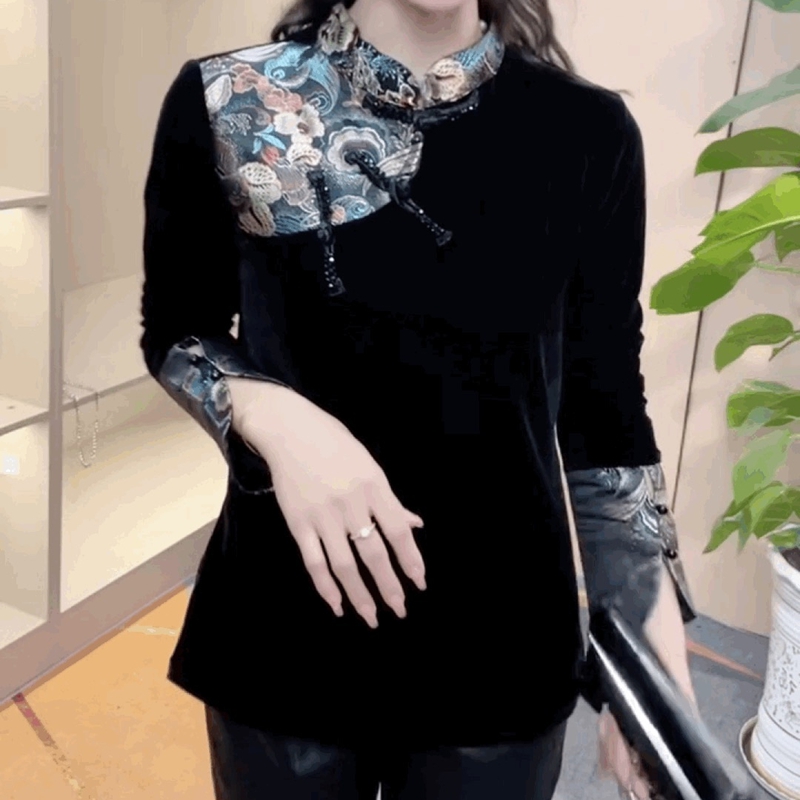 新中式国风复古丝绒T恤衫女