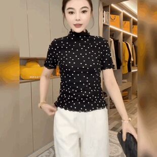 木耳领短袖法式黑色上衣弹力修身打底衫气质波点蕾丝网纱T恤衫女