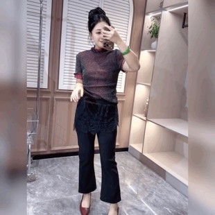 半高领长袖打底衫女修身法式黑色上衣时尚弹力双层蕾丝网纱T恤衫