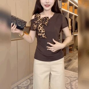 法式黑色圆领上衣女性感漏肩短袖T恤豹纹蝴蝶结蕾丝拼雪纺打底衫
